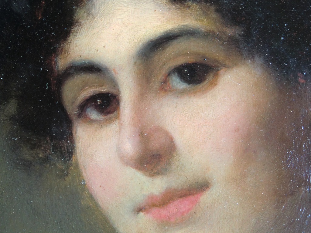 VITTORIO GIOVANNI GAETANO ANTONIO TESSARI (Castelfranco Veneto, 1860 Mira,  1947), Giovane donna con collana di perle, 1891 ca., olio su tavola, cm 25 x 18,8.