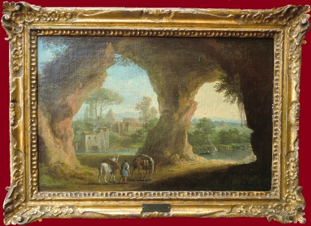 PAOLO ANESI (Roma, 1697 – 1773), Capriccio con grotta (forse la grotta di Nettuno a Tivoli), la piramide di Caio Cestio e il mausoleo di Cecilia Metella di Roma, XVIII secolo, olio su tela, cm 33,6 x 50,6.