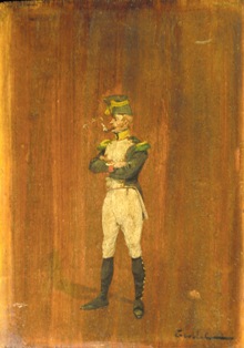 TREBLAT (attivo verso la metà del XIX secolo), Ufficiale con pipa, inizi della seconda metà del XIX secolo, olio su tavola, cm. 22 x 15.